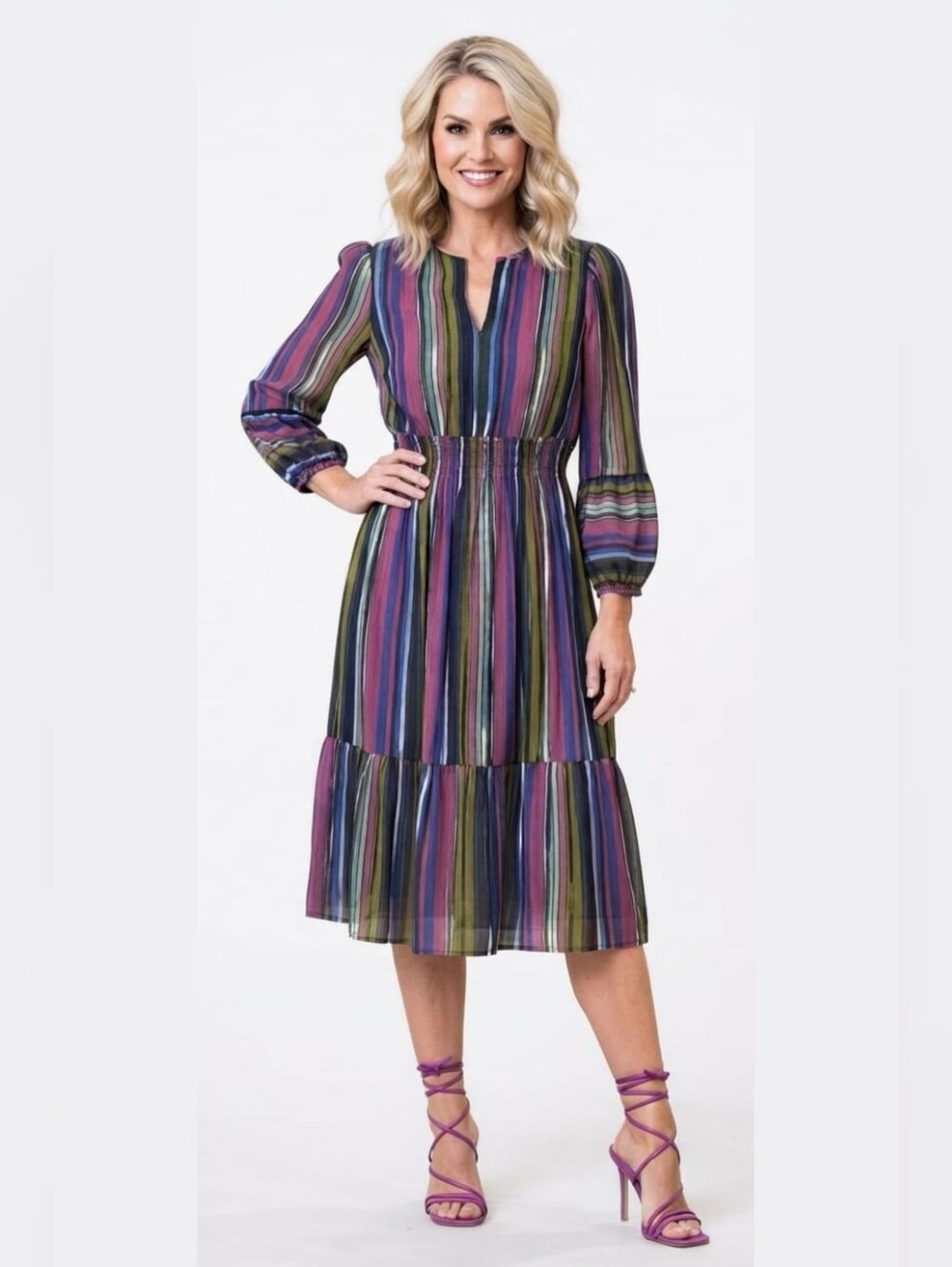 London Times Striped Midi Dress in Purple, Green, Blue